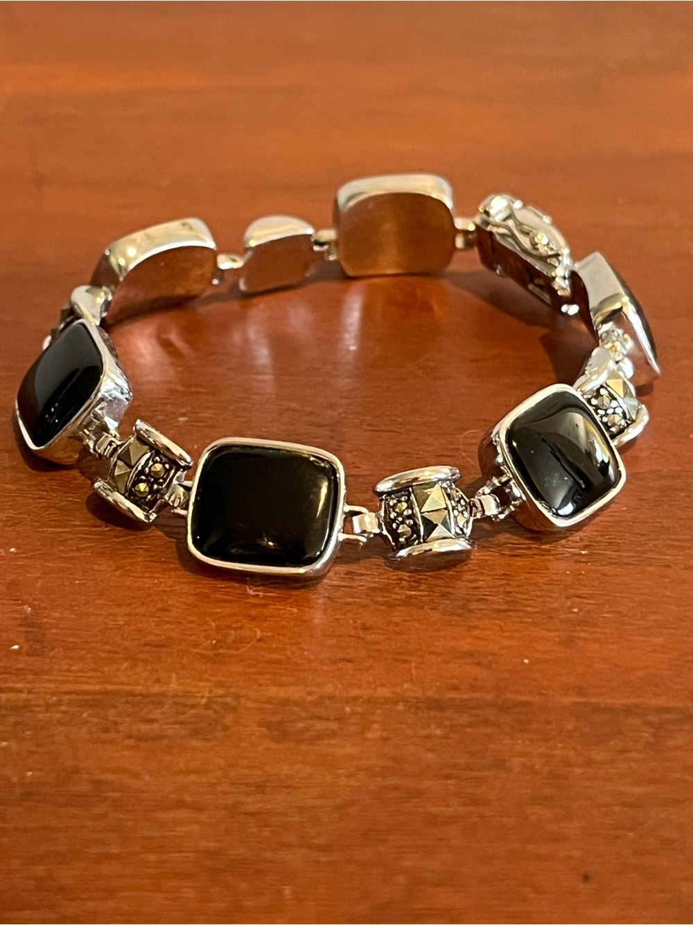 Lia Sophia Black Stone Marcasite Silver Tone Panel Link Bracelet 7 In